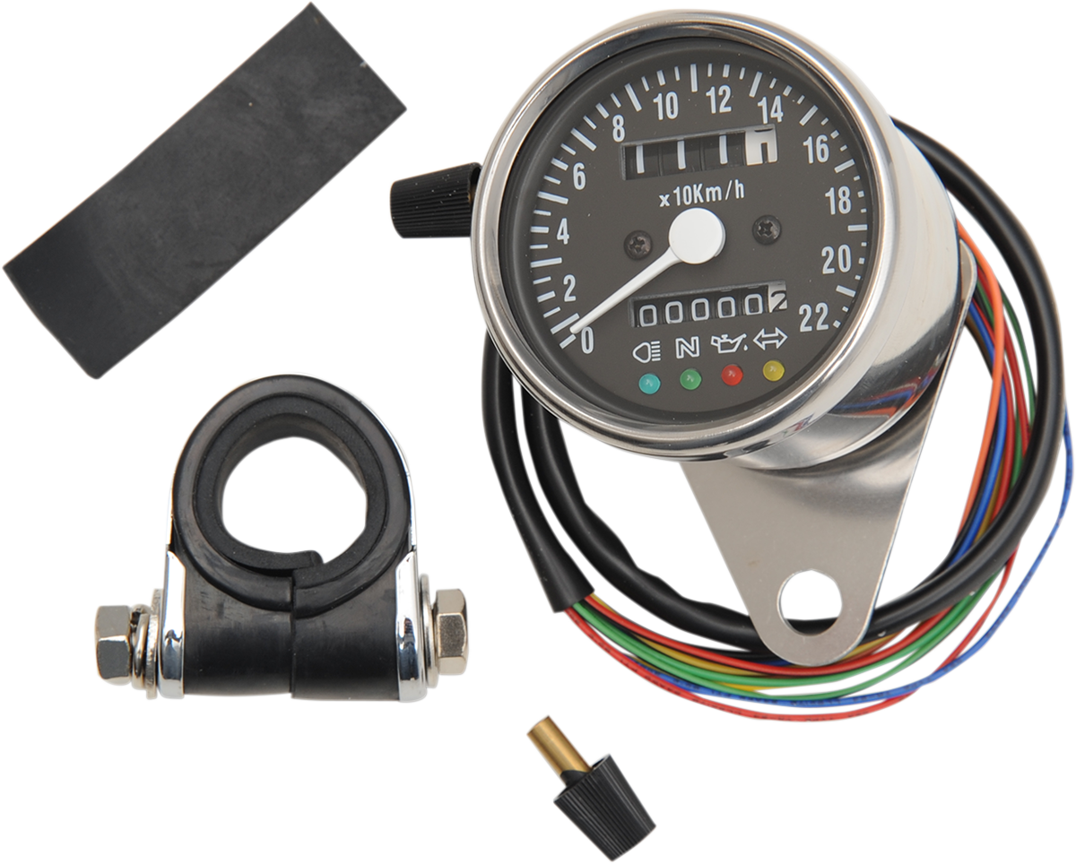 DRAG SPECIALTIES KPH Mini Mechanical Speedometer with LED Indicators - Black Face - 2:1 Ratio - 2.4" 21-6818LEDPB