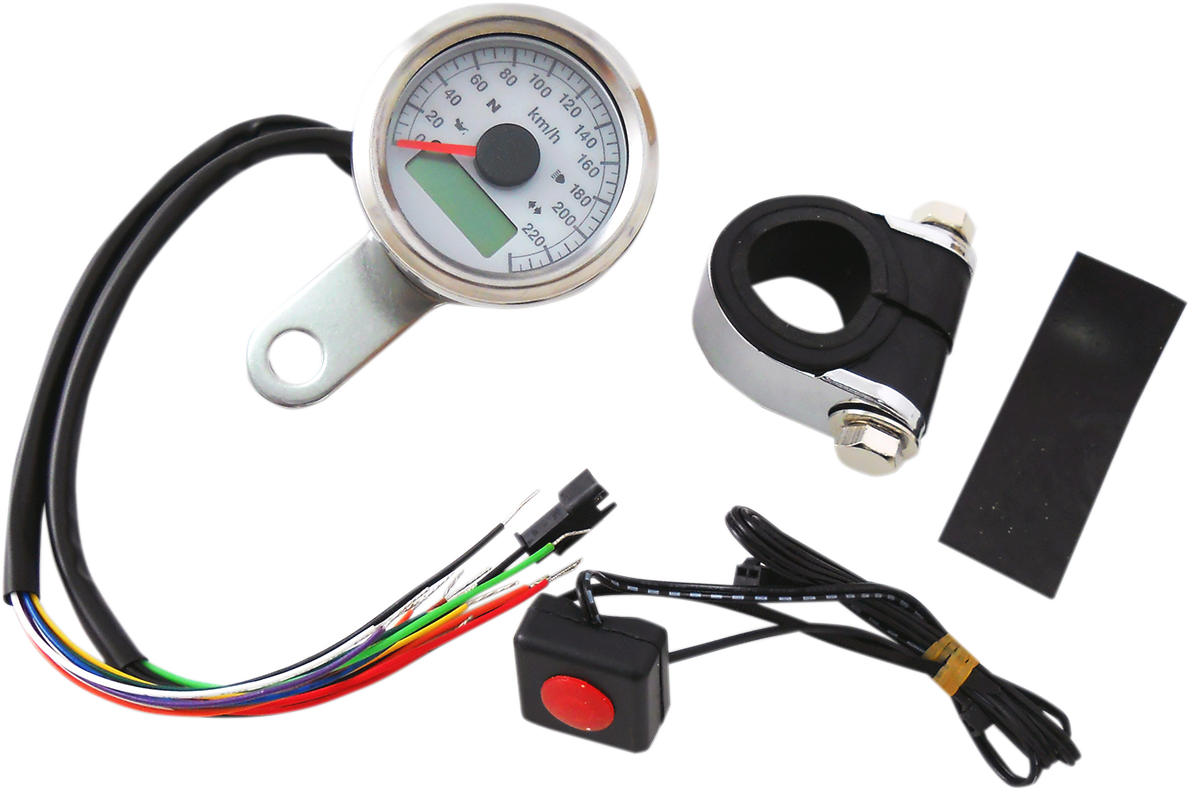 DRAG SPECIALTIES Mini Programmable Speedometer with Indicator Lights - Stainless Steel - KPH - White Face 77759WK