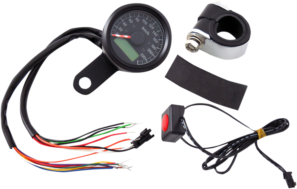 DRAG SPECIALTIES Mini Programmable Speedometer with Indicator Lights - Gloss Black - KPH - Black Face 77902K