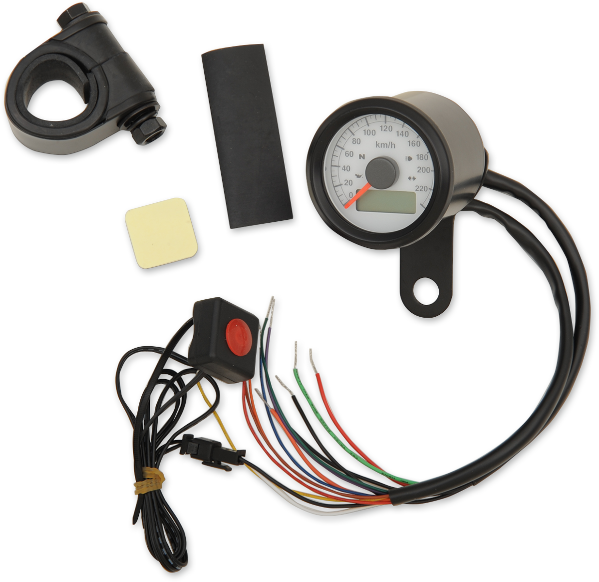 DRAG SPECIALTIES Mini Programmable Speedometer with Indicator Lights - Gloss Black - KPH - White Face 77902KW