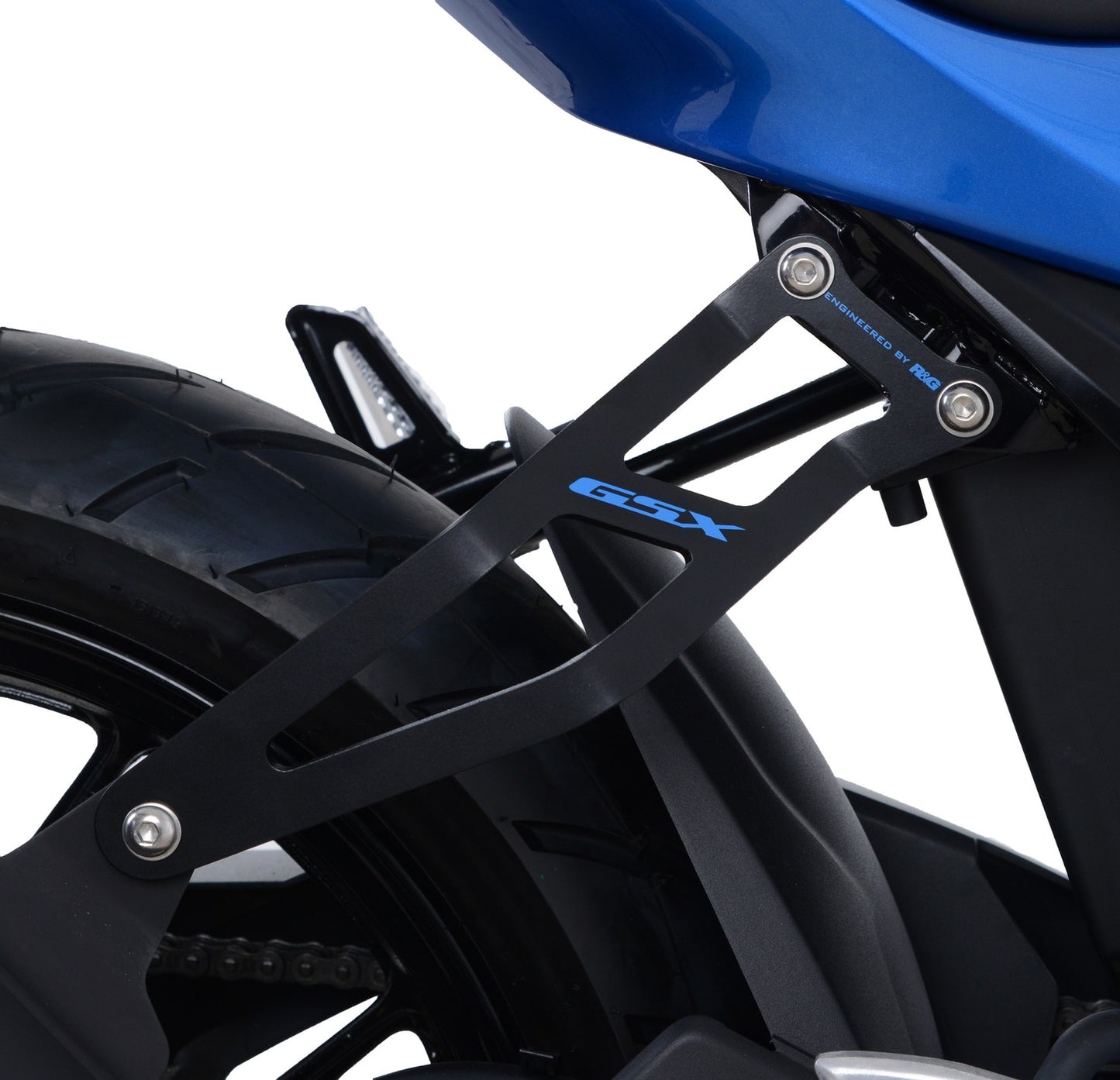 R&G Racing,Exhaust Hanger (Black) with Blue Logo and LHS Footrest Blanking Plate for Suzuki GSX-R125 / GSX-S125 ' 17-'21