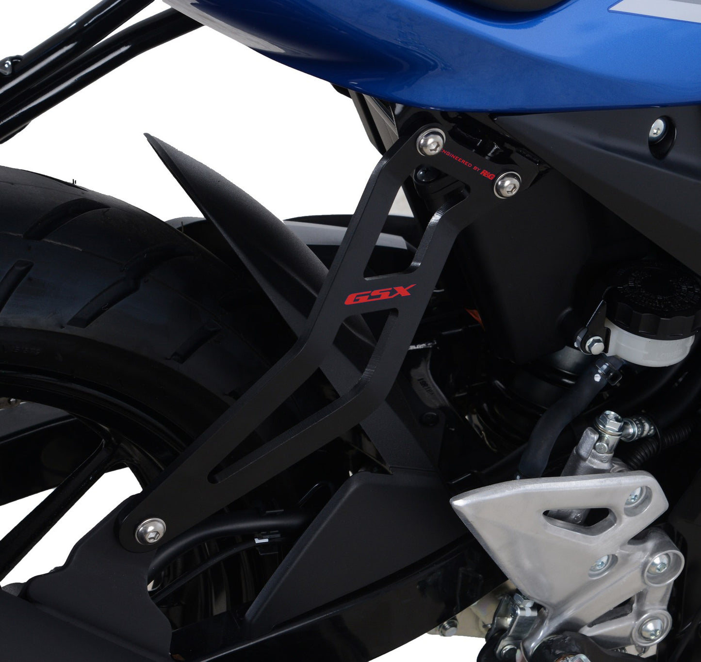 R&G Racing,Exhaust Hanger (Black) with Blue Logo and LHS Footrest Blanking Plate for Suzuki GSX-R125 / GSX-S125 ' 17-'21