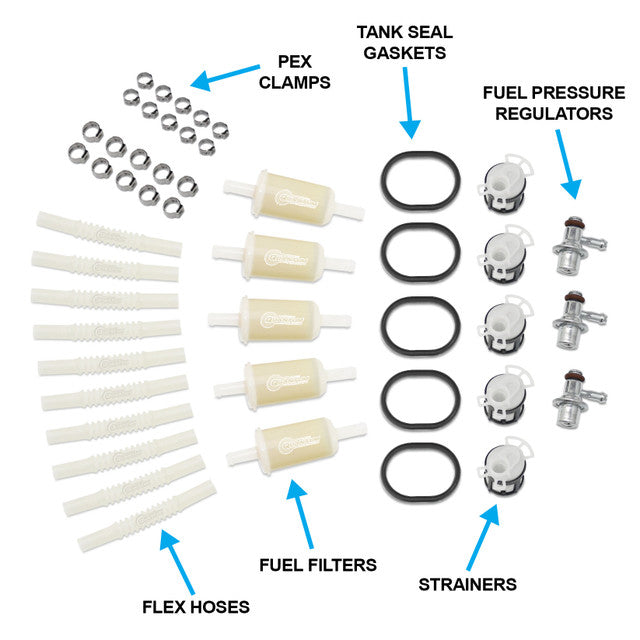 Quantum Fuel Systems Fuel Pump Assembly Repair Kit w/ Fuel Pressure Regulators, Filters/Strainers, Tank Seal Gaskets, Flex Hoses & Clamps for the KTM 150 EXC '20-23 & etc
