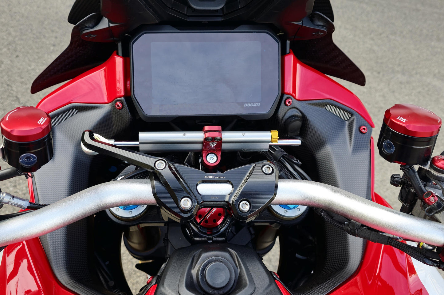 CNC Racing Steering Damper Mount kit for Ducati Multistrada V4 / S with CNC Racing Handlebar Clamp RM251