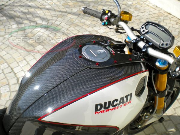CARBONVANI - DUCATI MONSTER M696 / M796 / M1100 CARBON FIBER RH FUEL TANK SIDE PANEL WITH FRAME AND MESH WHITE COLOUR AND RED CONTOUR