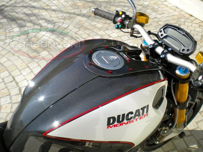CARBONVANI - DUCATI MONSTER M696 / M796 / M1100 CARBON FIBER LH FUEL TANK SIDE PANEL WITH FRAME AND MESH WHITE COLOUR AND RED CONTOUR