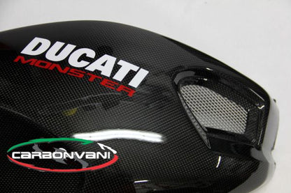 CARBONVANI - DUCATI MONSTER M1100 / M796 / M696 CARBON FIBER RH FUEL TANK SIDE PANEL WITH FRAME AND MESH
