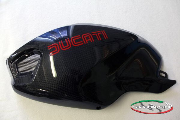 CARBONVANI - DUCATI MONSTER M1100 / M796 / M696 CARBON FIBER LH FUEL TANK SIDE PANEL WITH FRAME AND MESH - OLD LOGO