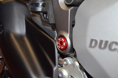 DBK Special Parts (Ducabike) Contrast Cut Billet Main Frame Caps (Swing arm pivot) for the Ducati Monster 1200 / 821, Supersport, and Scrambler Desert Sled