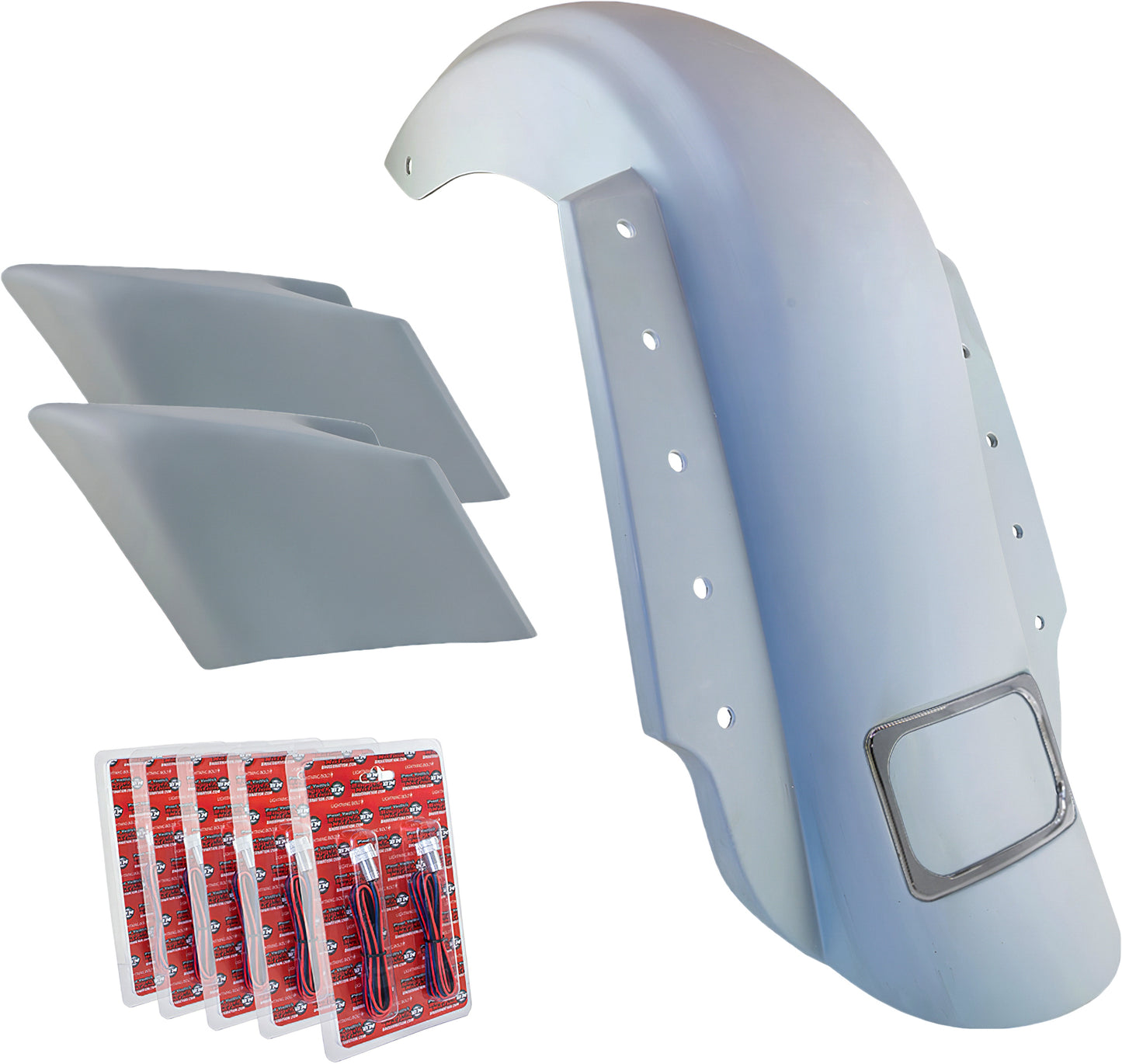 3 Piece Fender Kit Dual Outlet Chrome License Frame/Stretched