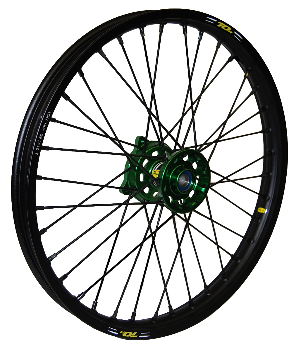 Wheel Front 1.60x21 Green Hub Blk Rim/Sil Spoke/Sil Nipple