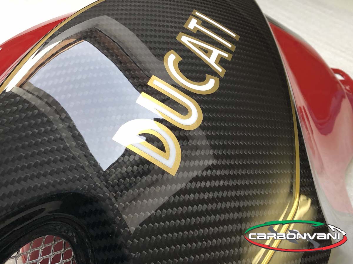 CARBONVANI - DUCATI MONSTER M696 / M796 / M1100 CARBON FIBER RED TWILL W/ CLASSIC LOGO IN WHITE AND GOLD FUEL TANK SIDE PANELS KIT