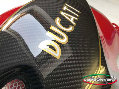 CARBONVANI - DUCATI MONSTER M696 / M796 / M1100 CARBON FIBER RED TWILL W/ CLASSIC LOGO IN WHITE AND GOLD FUEL TANK SIDE PANELS KIT